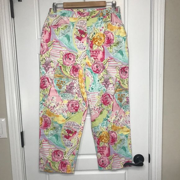 Vintage Susan Graver Womens Multicolor Floral Cafe Capri Pants Medium Cotton - Picture 2 of 12